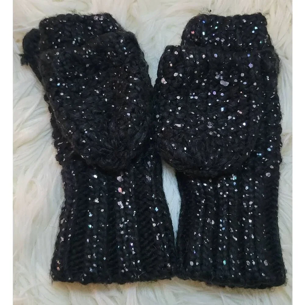 Old Navy Black Glitter Button Back Open Finger Mittens Acrylic Knit Child S-M